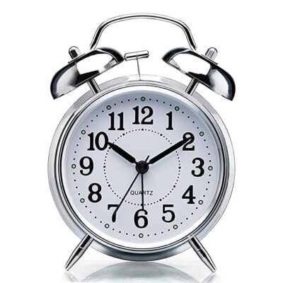 Sendrose Alarm Clock Brass Vintage Twin Bell Table Top Alarm Clock with Night Led Light Display Alarm Clock for Bedroom Heavy Sleepers Kids and Students (Silver)