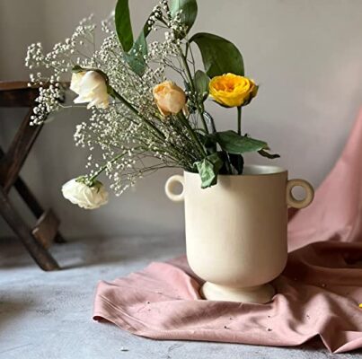 Craftribal Ceramic Handle Pot/Vase | Ceramic Flower Vase | Matte Finish, 7 Inches (White)