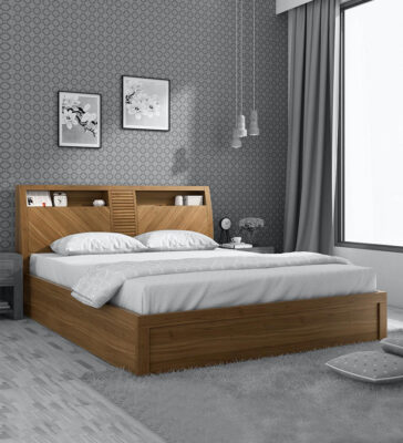 Kosmo Monarch Queen Size Bed with Storage in Natural Teak Finish
