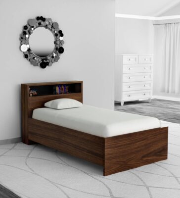 Urban Single Bed With Head Board Shelf in Acacia Dark & Black Finish